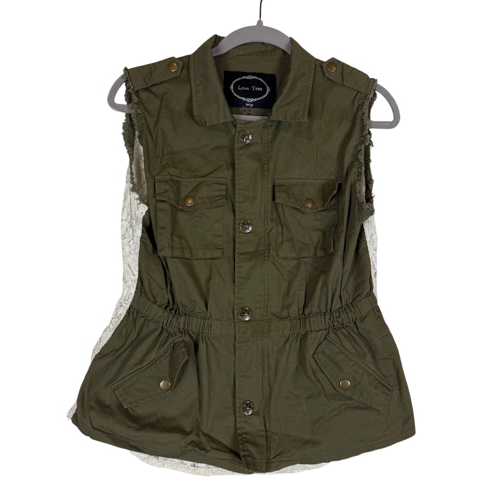 Love Tree Vest Womens Large Green Lace Back Military Zip Button Pockets Utility
